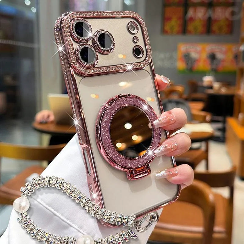 ✨💎Sparkling Diamond Women's Phone Case with Mirror & Stand for iPhone 12/13/14/15/16/17/18 Pro Max,17Air,14/15/16 Plus💖