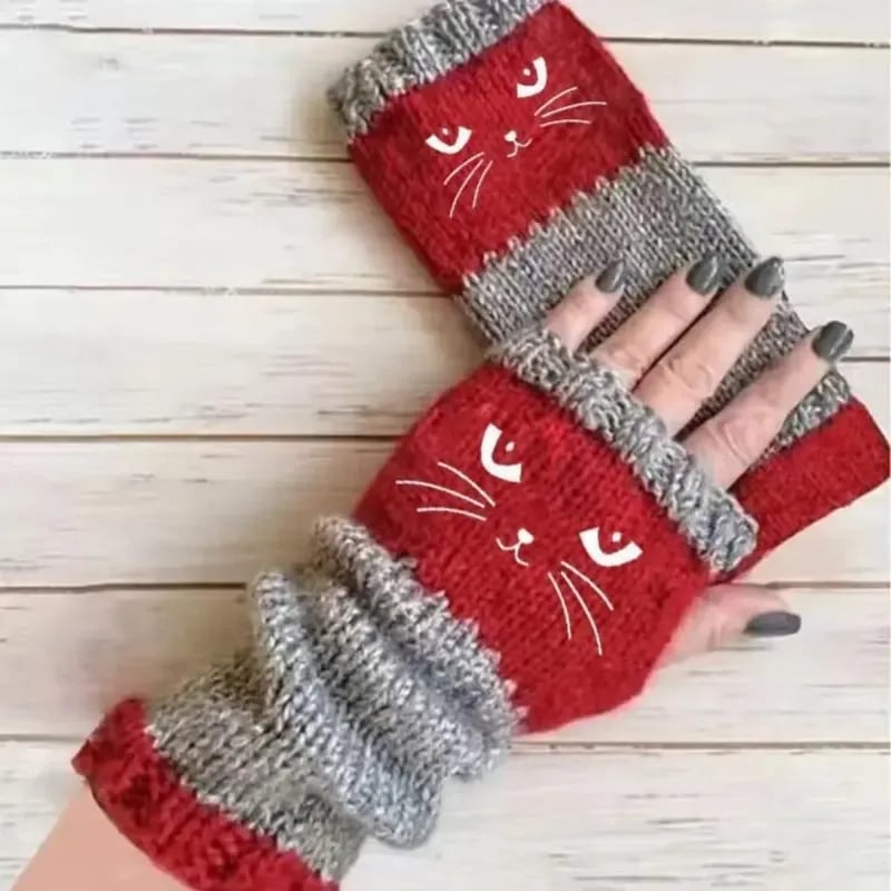 ❄️Women’s Knitted Fingerless Gloves with Cute Cat – Cozy, Stylish & Practical Winter Hand Warmers 🐾