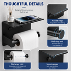 Toilet Paper Holder with Shelf – No-Drill, Fits Mega Rolls, Matte Black or Silver