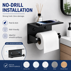 Toilet Paper Holder with Shelf – No-Drill, Fits Mega Rolls, Matte Black or Silver