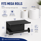 Toilet Paper Holder with Shelf – No-Drill, Fits Mega Rolls, Matte Black or Silver