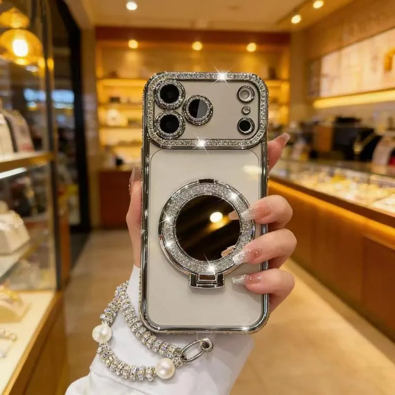 ✨💎Sparkling Diamond Women's Phone Case with Mirror & Stand for iPhone 12/13/14/15/16/17/18 Pro Max,17Air,14/15/16 Plus💖